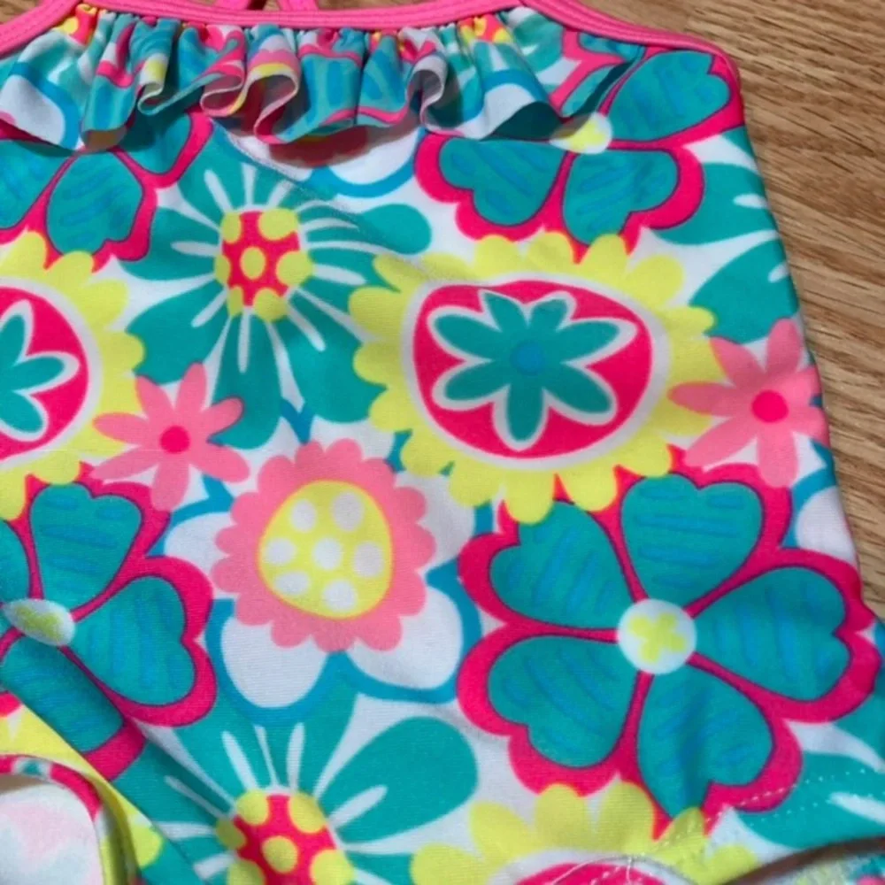 Baby Girls Floral Print One Piece Swimsuit Bathing Suit‎ Pink Trim